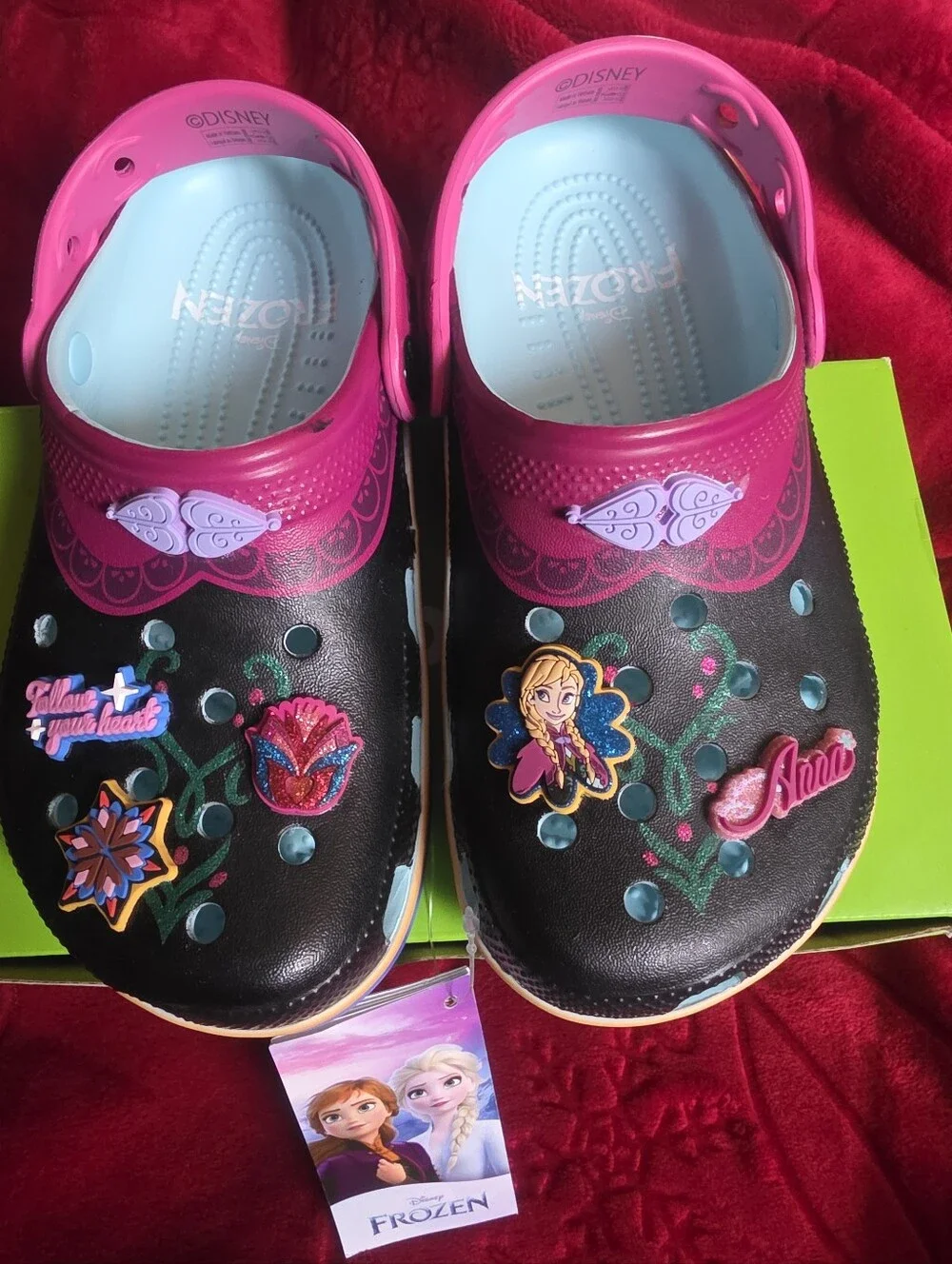 CROCS Kids Black with Pink and Light Blue Frozen Anna Clogs with Charms